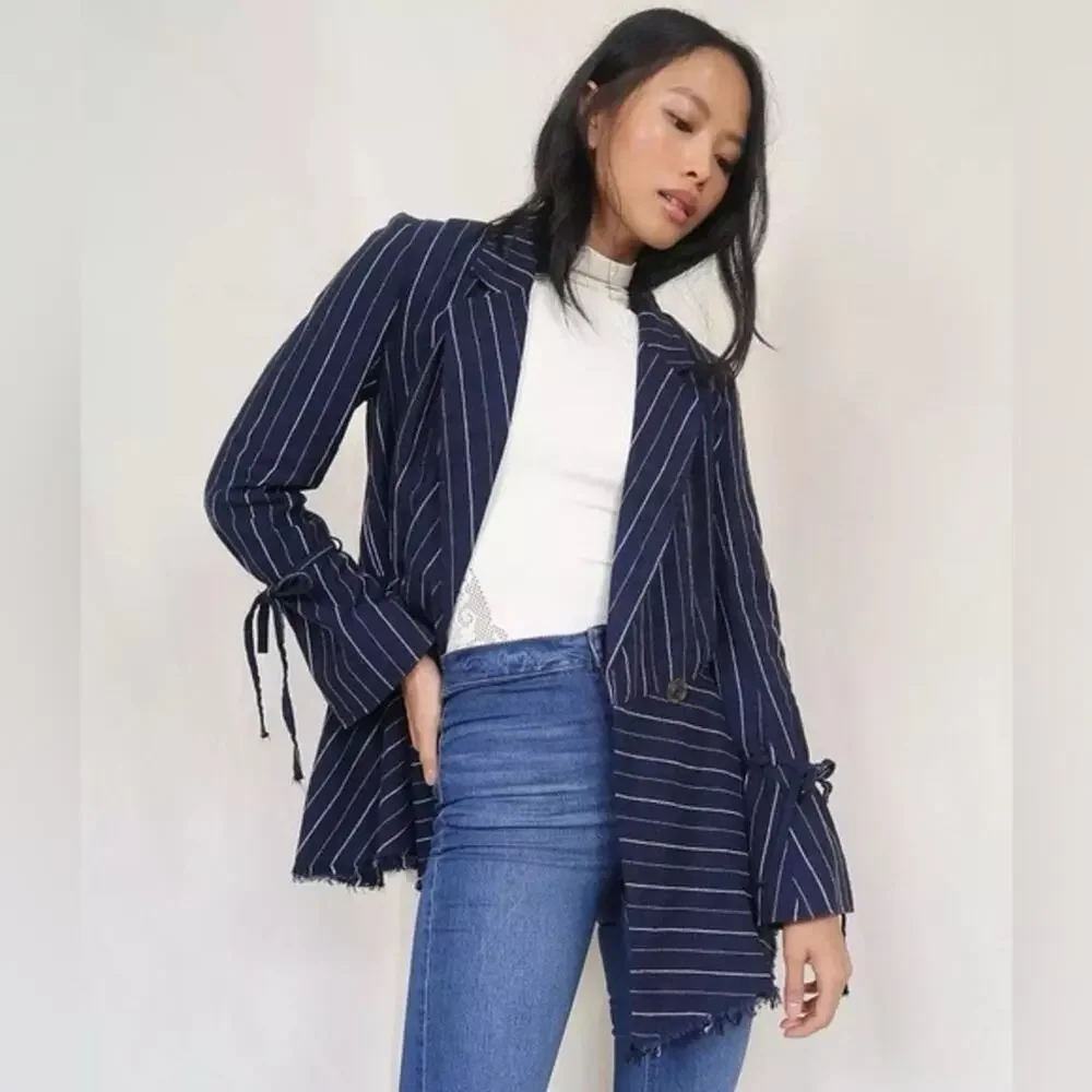 Free People Stella Navy Blue Striped Linen Blazer Jacket Size Medium